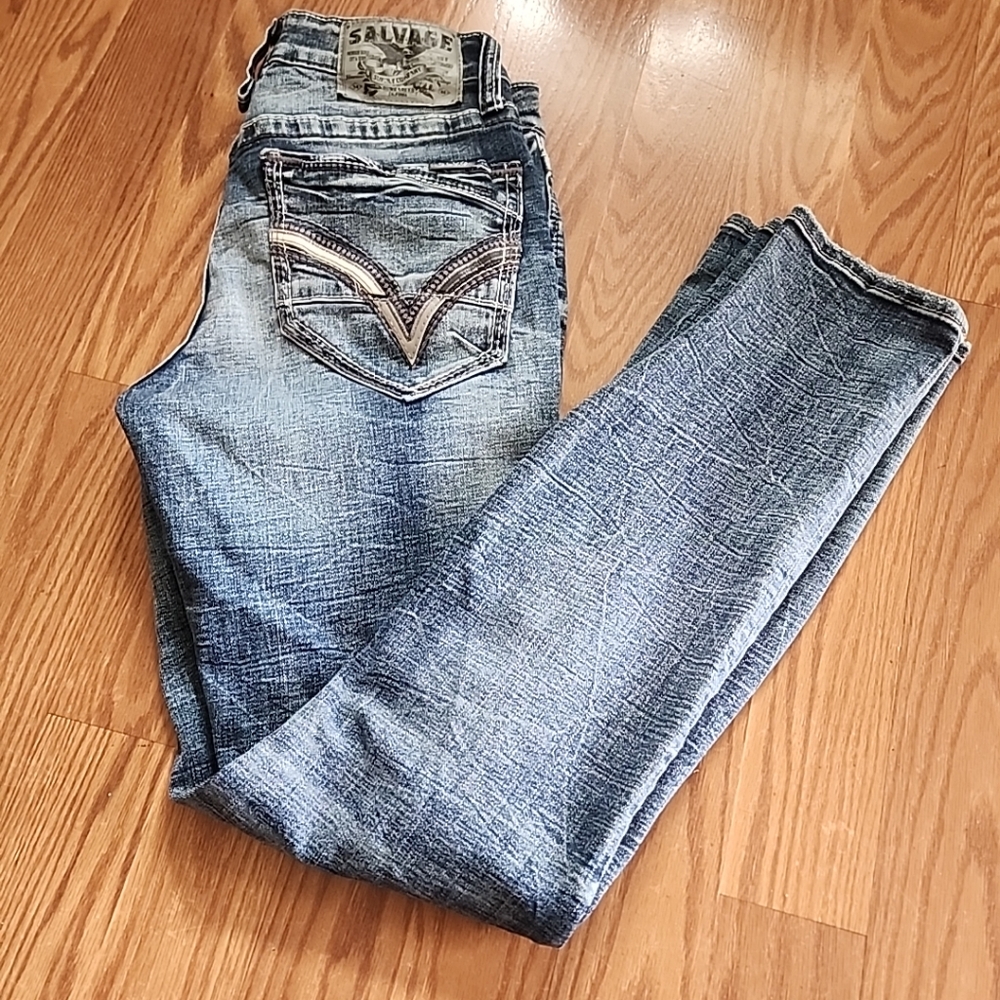 Salvage Havoc Buckle Blue Jeans 32x32 Slim Fit Distressed‎